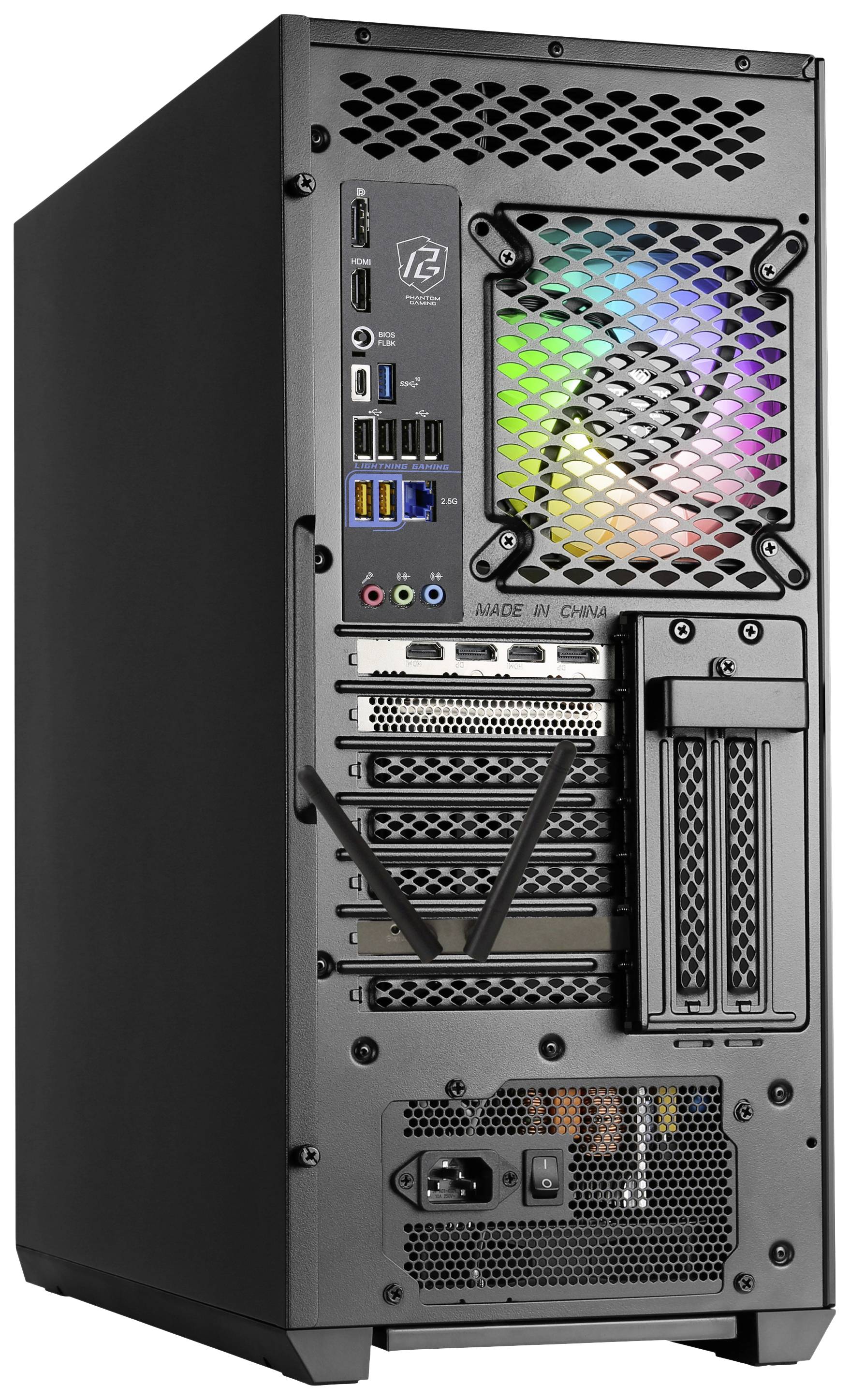 Rückseite eines Computergehäuses mit geöffneten Anschlüssen, Lüfter mit RGB-Beleuchtung, mehreren Erweiterungsslots und Stromanschluss.