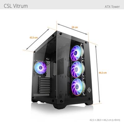 Ein schwarzes PC-Gehäuse 'CSL Vitrum' mit drei beleuchteten Lüftern vorne und einem hinten. Größe: 42,5 x 28 x 44,2 cm (LxBxH).