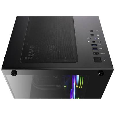 Schwarzes Computergehäuse mit Glasseite, RGB-Lüfter im Inneren, mehrere USB-Anschlüsse und ein Power-Knopf oben sichtbar.