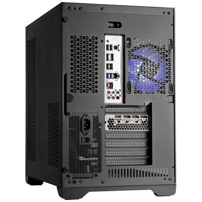Rückseite eines Desktop-Computers mit sichtbaren Anschlüssen und Lüftergitter. Ein blauer Lüfter leuchtet durch das Gitter.
