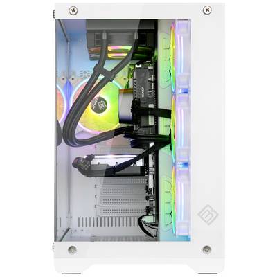 Weiße Computergehäuse-Seitenansicht mit bunten leuchtenden Lüftern und Kabeln. Enthält eine Grafikkarte und andere Komponenten.