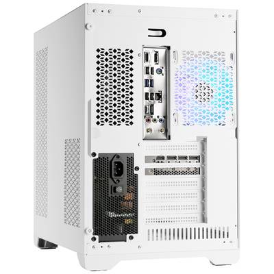 Ein weißes Computergehäuse von hinten mit sichtbaren Anschlüssen, Lüftergitter und beleuchtetem internen Lüfter.