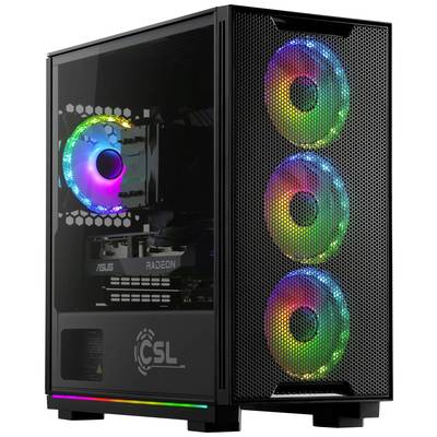 Ein schwarzer Desktop-Computer mit transparentem Gehäuse zeigt bunte Lichter und Drehventilatoren an der Vorderseite. Links sind Markenkomponenten sichtbar.