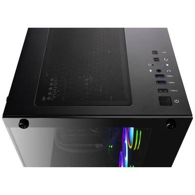 Ein schwarzes Computergehäuse mit Glaspanel, RGB-Beleuchtung und mehreren Anschlüssen auf der Oberseite, einschließlich USB und Audio.