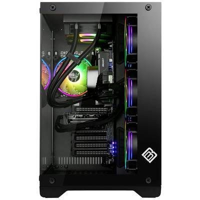 Durchsichtiges PC-Gehäuse mit farbiger RGB-Beleuchtung, sichtbar sind der CPU-Kühler, die Grafikkarte und die Lüfter.