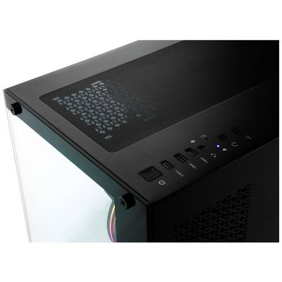 Schwarzes PC-Gehäuse mit Glaswand, sichtbaren Lüftern und USB-Anschlüssen oben auf der Vorderseite.