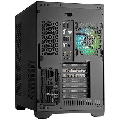 Ein geöffneter Computer mit sichtbarem Innenleben. Ein Lüfter leuchtet in Blau-Grün. Verschiedene Anschlüsse und Steckplätze hinten sichtbar.