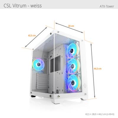 Ein weißes CSL Vitrum ATX-Tower-Gehäuse mit Glasfenster. Drei leuchtende Lüfter vorne und ein Lüfter hinten. Maße: 42,5 x 28,0 x 44,2 cm.