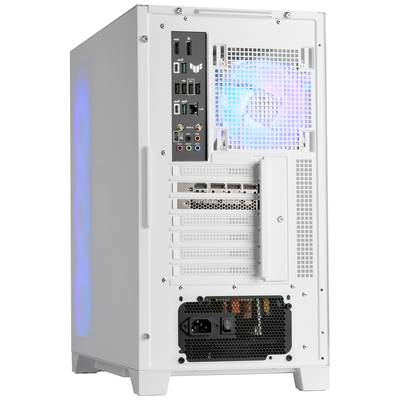 Rückseite eines weißen Computergehäuses mit sichtbaren Anschlüssen und Lüfter mit blauer Beleuchtung.