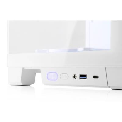 Ein weißes Computergehäuse mit Vorderansicht der Anschlüsse, darunter zwei USB-Ports, ein Audioanschluss und ein Netzschalter links.