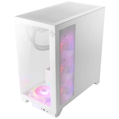 Ein weißes Computergehäuse mit transparenten Front- und Seitenteilen zeigt innen bunte LED-beleuchtete Lüfter.