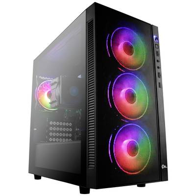 Ein schwarzer Computer mit transparentem Seitenteil und drei leuchtenden, bunten Lüftern auf der Vorderseite.