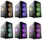 Sechs Gaming-PC-Gehäuse mit gläserner Front zeigen bunte, beleuchtete Lüfter. Farben von links nach rechts: orange, blau, grün, cyan, pink, lila.