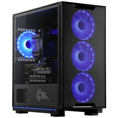 Ein PC mit durchsichtigem Gehäuse zeigt drei blaue LED-Lüfter vorne und einen an der Seite, beleuchtete Grafikkarte sichtbar.