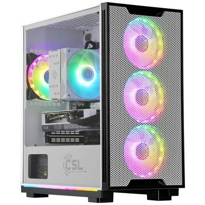 Ein Desktop-Computer mit durchsichtiger Seitenabdeckung zeigt leuchtende RGB-Lüfter und interne Hardwarekomponenten.