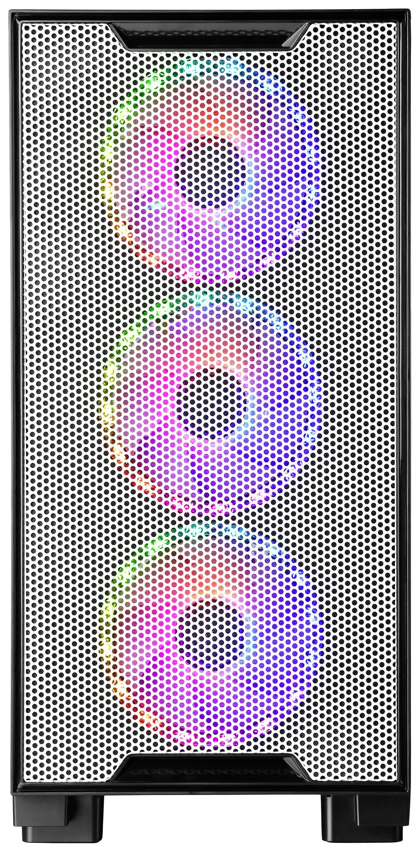 Computergehäuse mit Gitterfront und drei sichtbaren RGB-Lüftern, die in verschiedenen Farben leuchten.