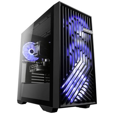 Schwarzes Computergehäuse mit blauer LED-Beleuchtung und sichtbaren Lüftern. Enthält eine Glastür zur Sicht auf das Innere des PCs.