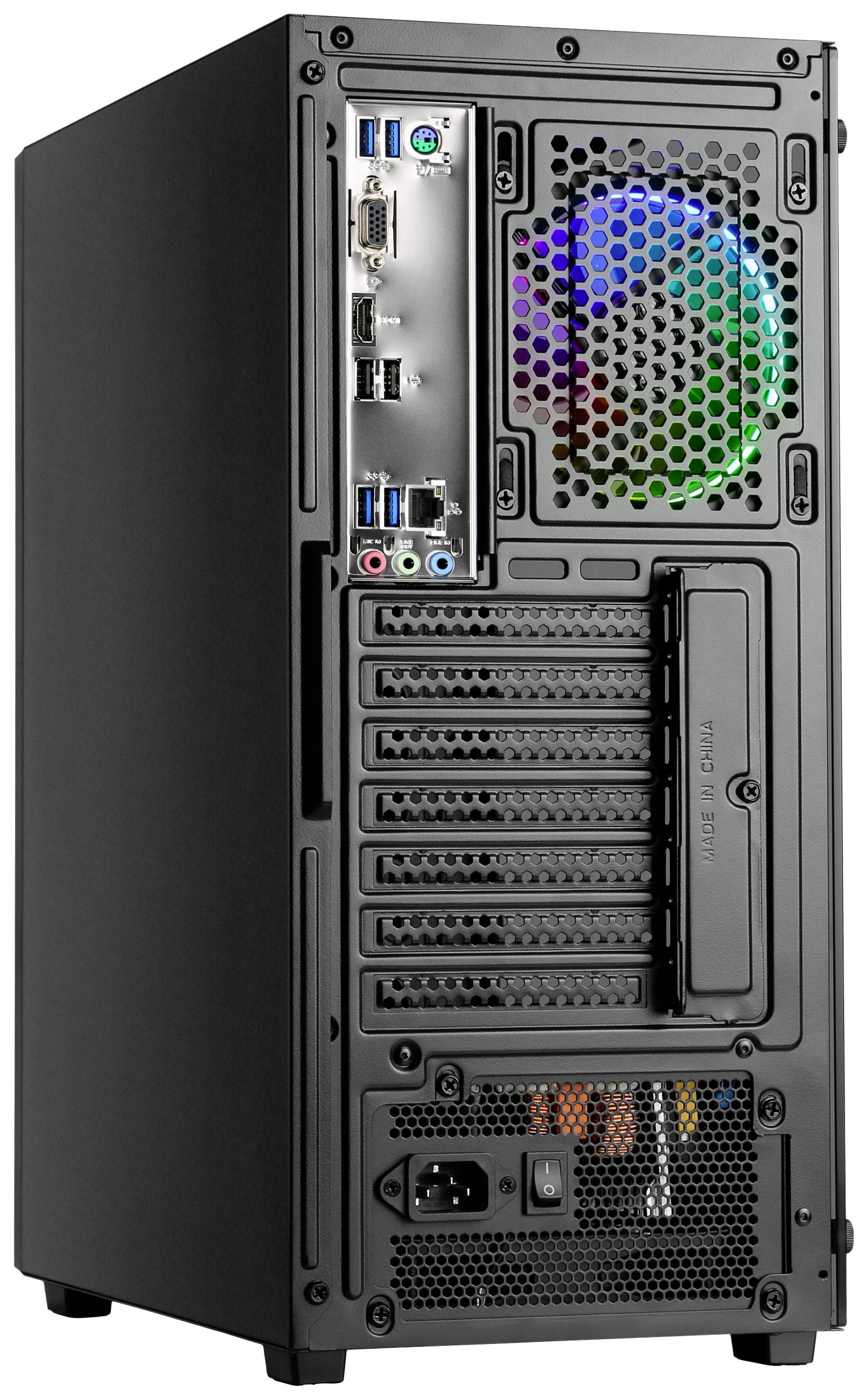 Rückseite eines Desktop-Computers mit mehreren Anschlüssen, Lüfter mit LED-Beleuchtung, und Netzteilanschluss unten.