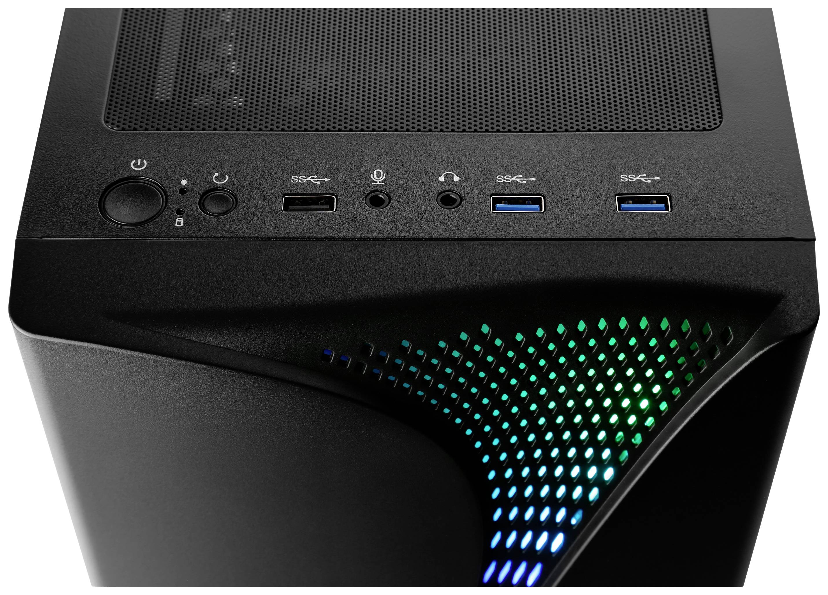 Schwarzes Computergehäuse mit beleuchteter Front, Lüftungsgitter oben, Power-Knopf, USB-Anschlüsse und Audio-Buchse sichtbar.