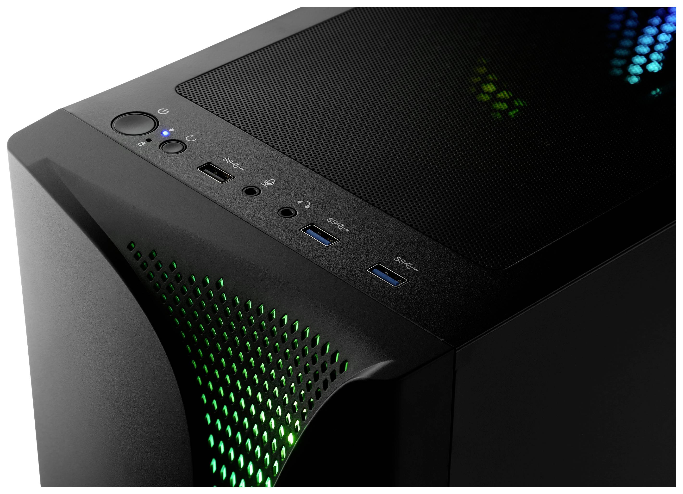 Ein schwarzes Computergehäuse mit grün beleuchteten Lüftungsschlitzen. Oben befinden sich USB-Anschlüsse und ein Power-Button.