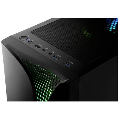 Ein schwarzes Computergehäuse mit grüner LED-Beleuchtung an den Lüftungsschlitzen und mehreren USB-Anschlüssen oben.