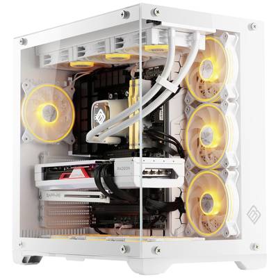 Ein stilvoller, durchsichtiger Computer mit beleuchteten Lüftern und modernen Komponenten. Ideal für Gaming oder leistungsstarke Anwendungen.