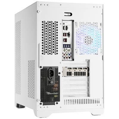 Ein weißes Computergehäuse mit sichtbaren Lüftern und mehreren Anschlüssen auf der Rückseite, einschließlich USB- und Audiobuchsen.