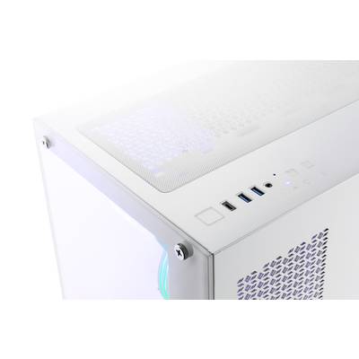 Ein weißes Computergehäuse mit durchsichtiger Seitenwand und obenliegenden Lüftungsschlitzen. Es besitzt mehrere USB-Anschlüsse und Kontrollknöpfe an der Vorderseite.