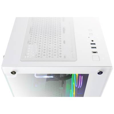 Ein weißes PC-Gehäuse mit einem durchsichtigen Seitenteil zeigt bunte LED-Beleuchtung im Inneren, mehrere Anschlüsse oben sichtbar.