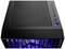Schwarzes Computergehäuse mit blau beleuchteter Front und mehreren Anschlüssen und Tasten oben, darunter USB-Ports und Ein/Aus-Schalter.