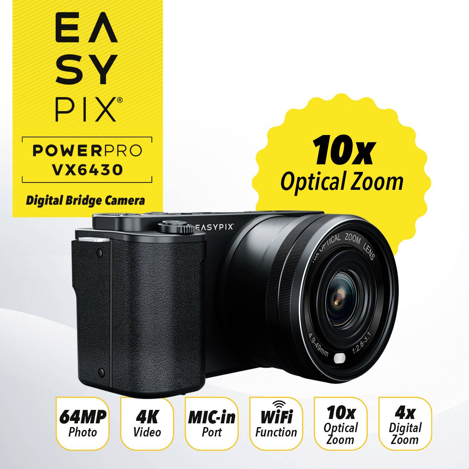 'Digitalkamera Easypix PowerPro VX6430 mit 10-fachem optischen Zoom, 64 MP Fotos, 4K Video, WiFi, MIC-Eingang und 4-fachem Digitalzoom.'