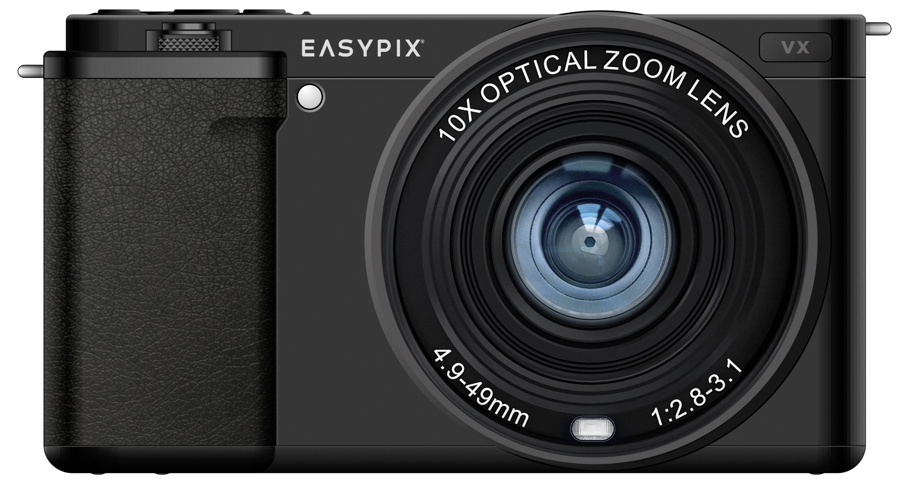 Schwarze Digitalkamera von vorne mit der Aufschrift 'Easypix' und '10X Optical Zoom Lens'.