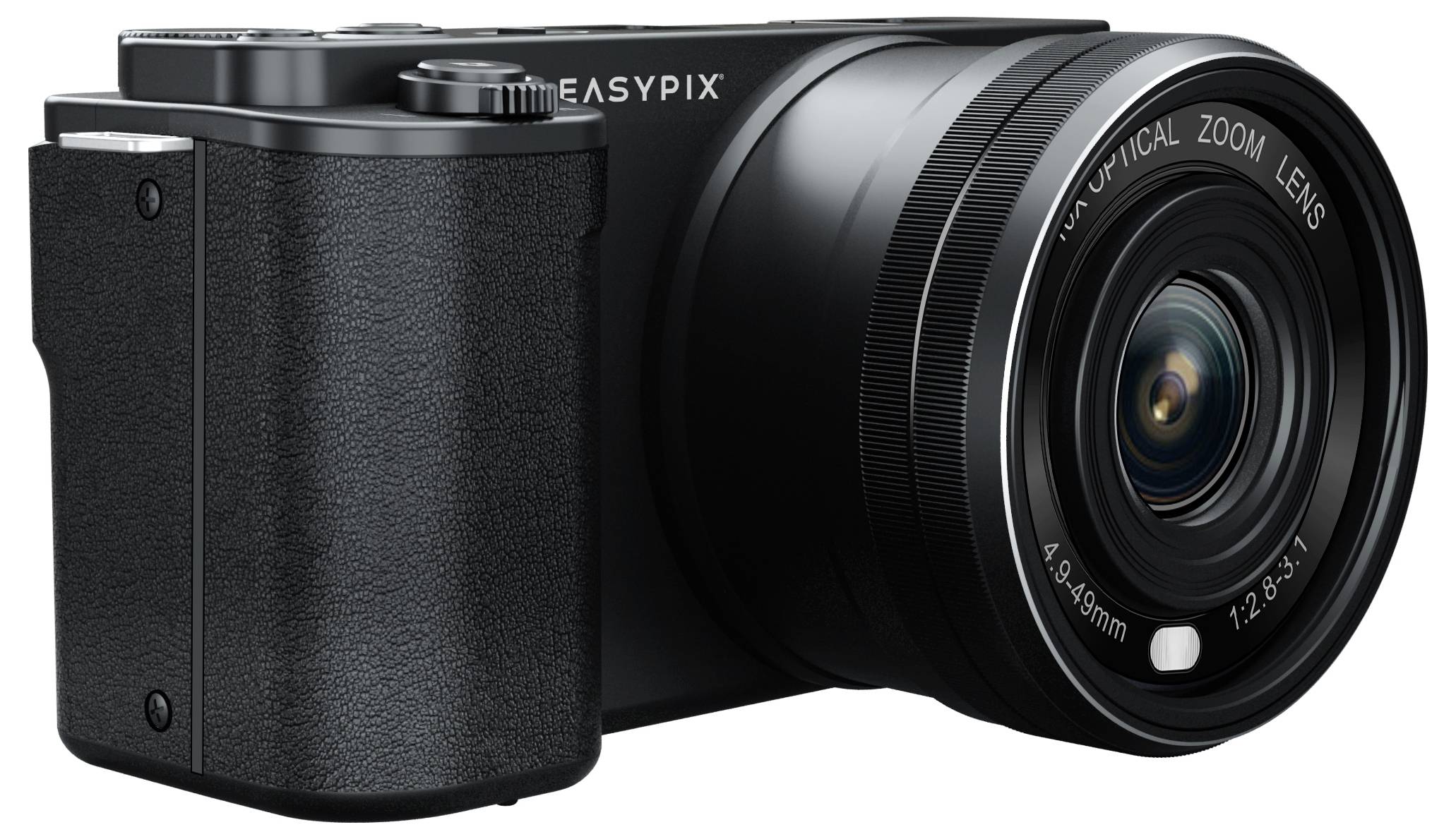 Digitalkamera mit Zoomobjektiv der Marke Easypix, schwarz, Ansicht von schräg vorne, zeigt Gehäuse und Objektivdetails.