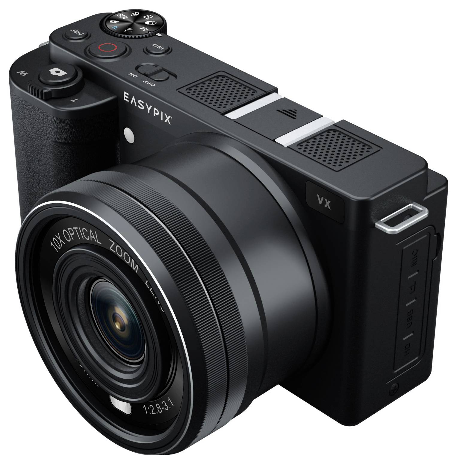 Kompakte schwarze Digitalkamera mit großem Objektiv und mehreren Bedienelementen, markiert mit 'Easypix' auf der Kameraoberseite.