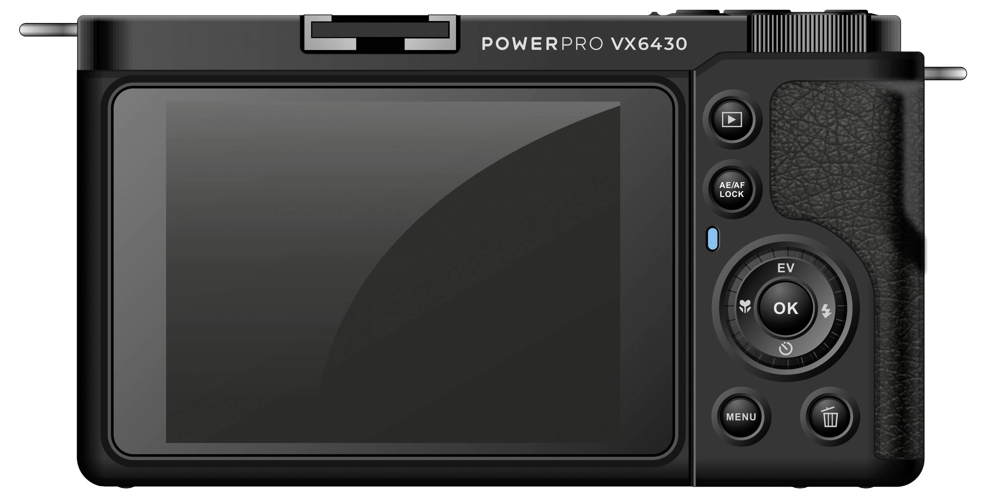 Digitalkamera-Rückseite mit großem Display und Steuerungsbuttons, darunter ein Einstellrad und Menü-Tasten. Markierung: 'POWERPRO VX6430'.