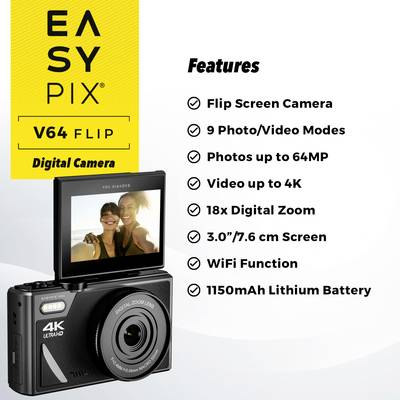 Digitalkamera mit ausklappbarem Bildschirm, 18-fach Zoom, 64MP Fotos, 4K Video, 3-Zoll-Display, 9 Modi, WiFi und Lithium-Batterie.