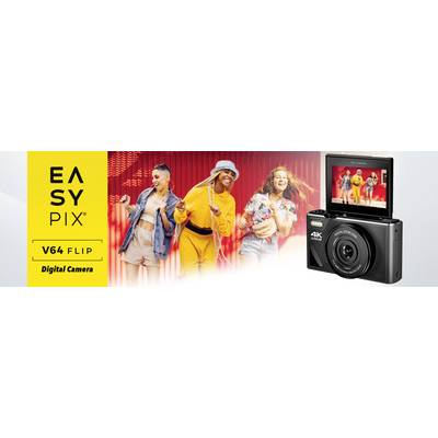 Easypix V64 Flip Digitalkamera zeigt drei fröhliche Personen auf dem Display vor einem roten Hintergrund. Text 'EASYPIX V64 FLIP'.