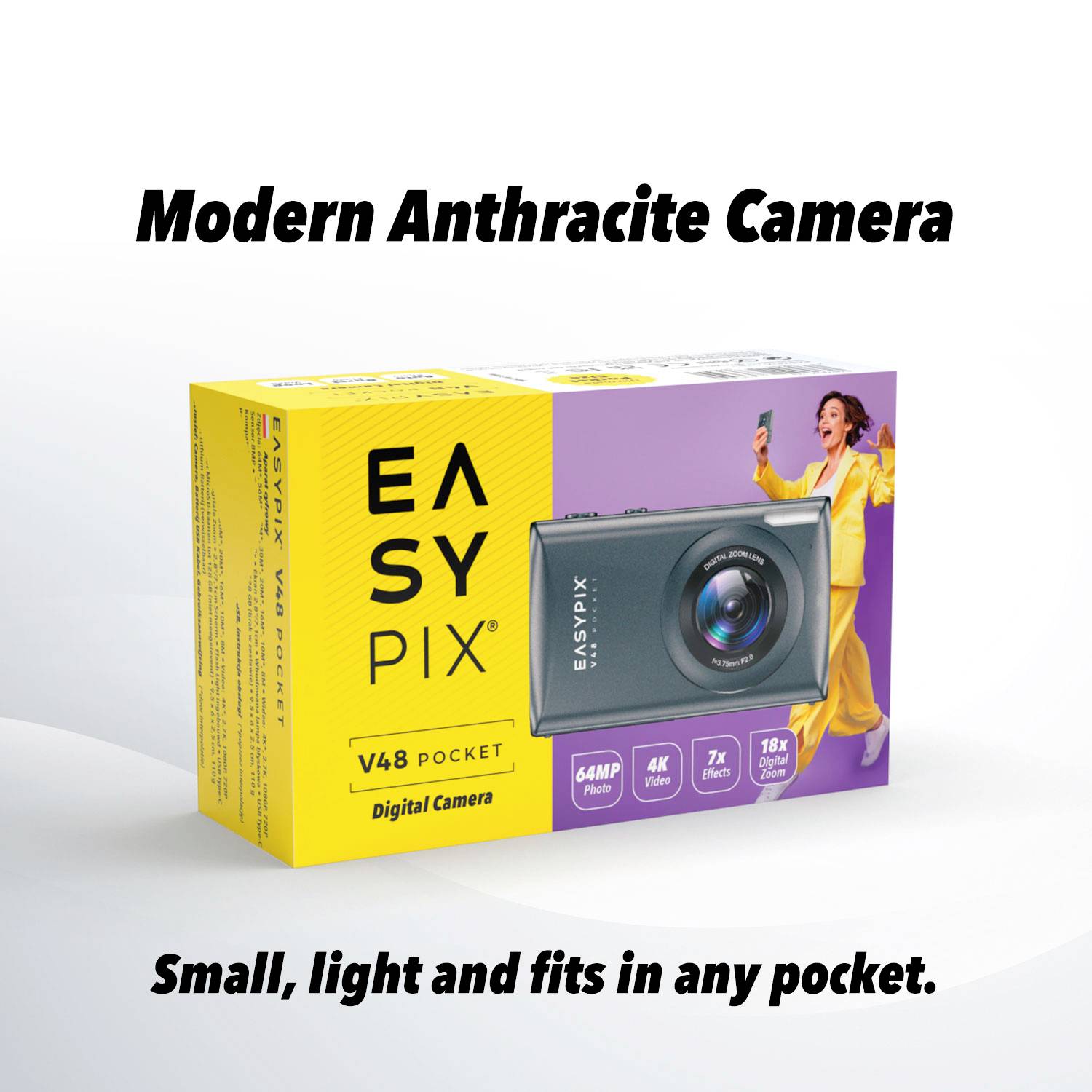 'Modern Anthracite Camera' - Verpackung der EASYPIX V48 Pocket Digitalkamera. Features: 64MP, 4K Video, 7x Zoom, 18x Digitalzoom. Klein, leicht, passt in jede Tasche.