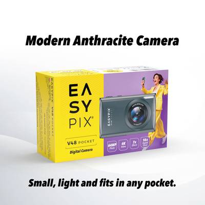 'Modern Anthracite Camera' - Verpackung der EASYPIX V48 Pocket Digitalkamera. Features: 64MP, 4K Video, 7x Zoom, 18x Digitalzoom. Klein, leicht, passt in jede Tasche.