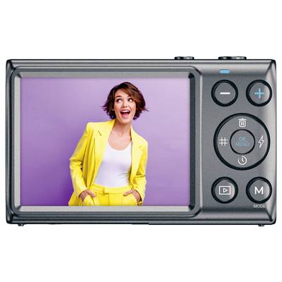 Digitalkamera mit abgebildeter Frau in gelbem Anzug, lächelnd und vor lila Hintergrund. Kamera zeigt Hauptsteuerungsknöpfe.