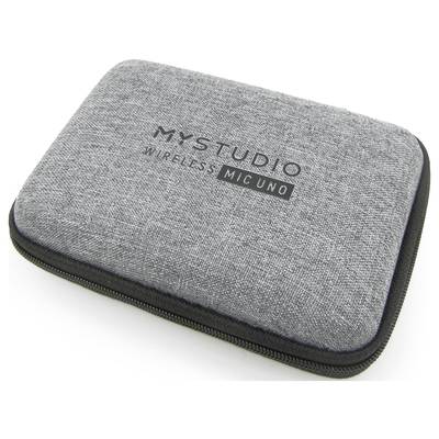 Graues Etui mit Reißverschluss, Aufschrift 'MyStudio Wireless Mic Uno'. Enthält wahrscheinlich ein drahtloses Mikrofon.
