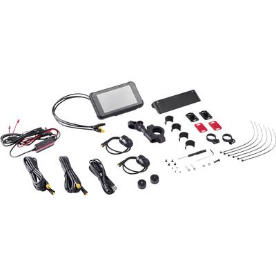 Ein Fahrrad-Navigationsset mit Display, Halterungen, Kabeln und Schrauben, um am Lenker befestigt zu werden. Enthält auch Kabelbinder.