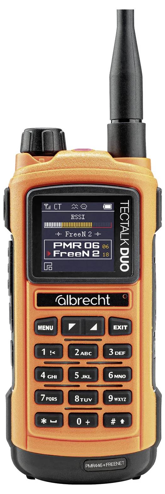 Ein orangefarbenes Handfunkgerät mit Display und Tastenfeld. Zeigt Frequenzen und Statusinformationen an. Marke: Albrecht.