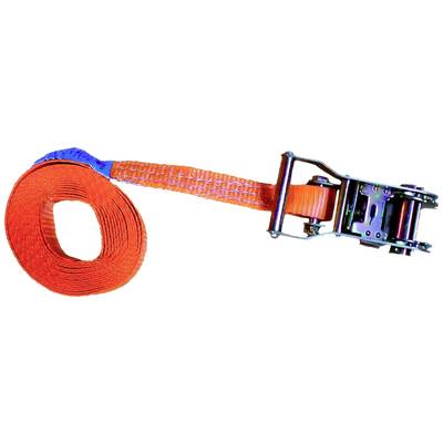 Ein Spanngurt mit Ratsche und orangem Band, aufgerollt. Wird verwendet, um Gegenstände zu sichern.
