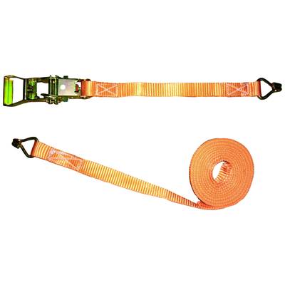 Zwei orange Spanngurte: Oben ein aufgerollter Gurt mit Ratsche, unten ein abgewickelter Gurt, beide mit Haken an den Enden.