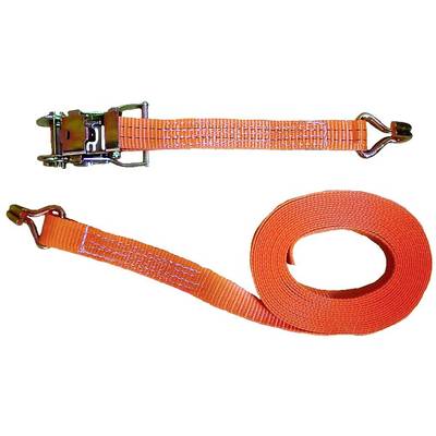 Zwei orange Spanngurte mit Metallhaken und Ratsche, ideal zum sicheren Verzurren von Transportgut.