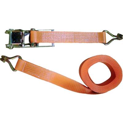 Ein oranges Spannband mit Ratsche und zwei Haken, teilweise aufgerollt. Geeignet zum Sichern von Lasten oder Gepäck.