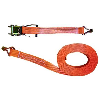 Zurrgurt mit Ratsche in Orange, ausgerollt und zusammengerollt, zur Sicherung von Gegenständen bei Transporten.
