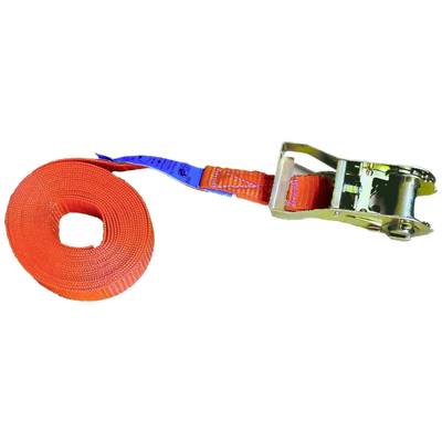 Ein orangefarbener Spanngurt mit Ratschenmechanismus, bereit zum Sichern von Lasten. Links eine aufgerollte Gurtreserve.
