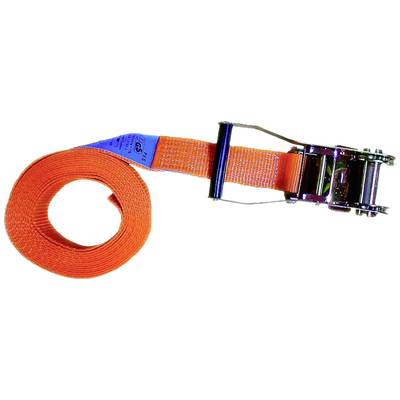 Ein orangefarbener Spanngurt mit Ratschenverschluss, aufgerollt links, offen rechts. Verwendet zur Sicherung von Gegenständen beim Transport.